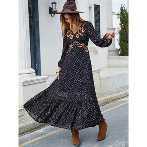 Embroidered V-Neck Long Sleeve Dress